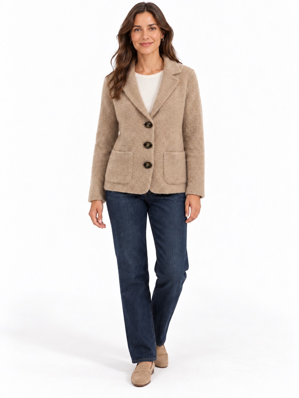 COCOGIO Beige Wool Blend Knit Blazer Cardigan | Made in Italy | L